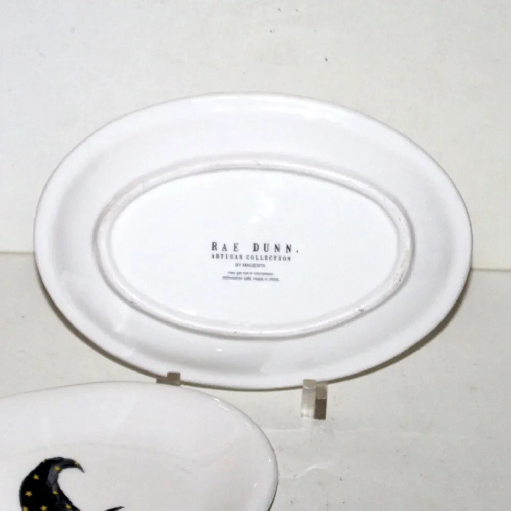 2 Rae Dunn Magenta Halloween oval appetizer plates Hocus Pocus Witch hat boots